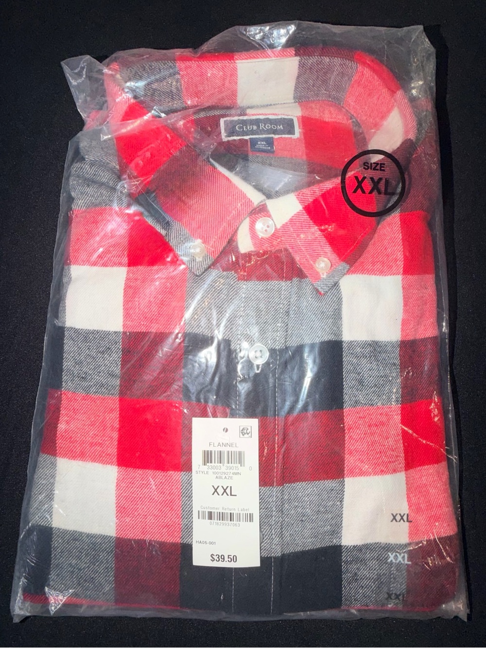 Club Room Men’s Buffalo Plaid Red Black Check Button Up Flannel Shirt XXL NWT